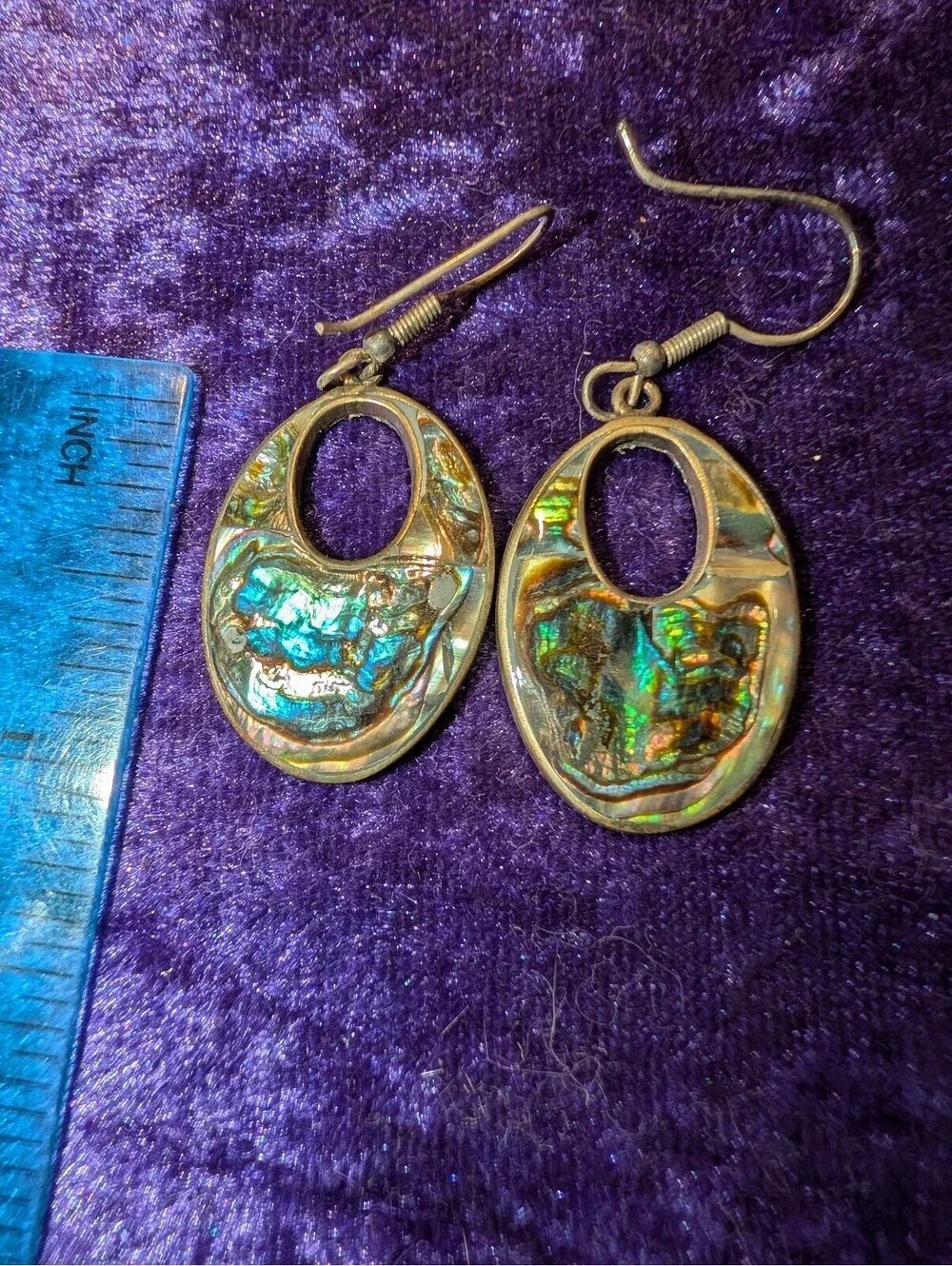 Vintage Alpaca Mexico Oval Abalone Shell Drop Earrings with Brass Hooks